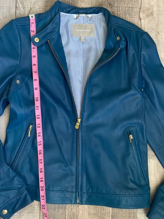 Banana Republic Leather Cropped Moto Jacket Blue SZ S - Picture 10 of 12